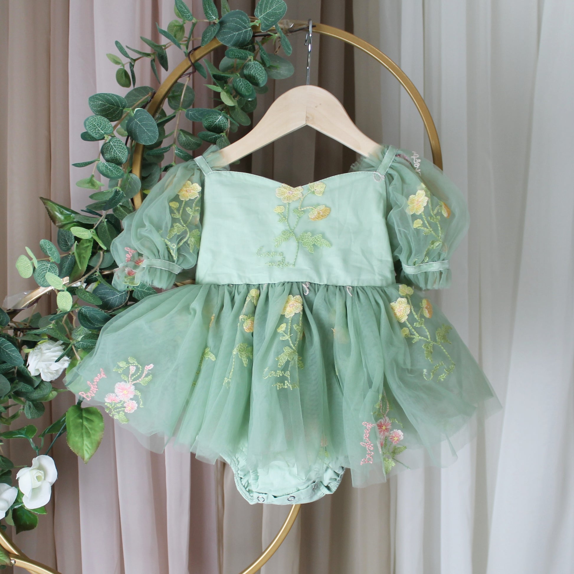 first birthday baby girl sage green floral romper dress. 