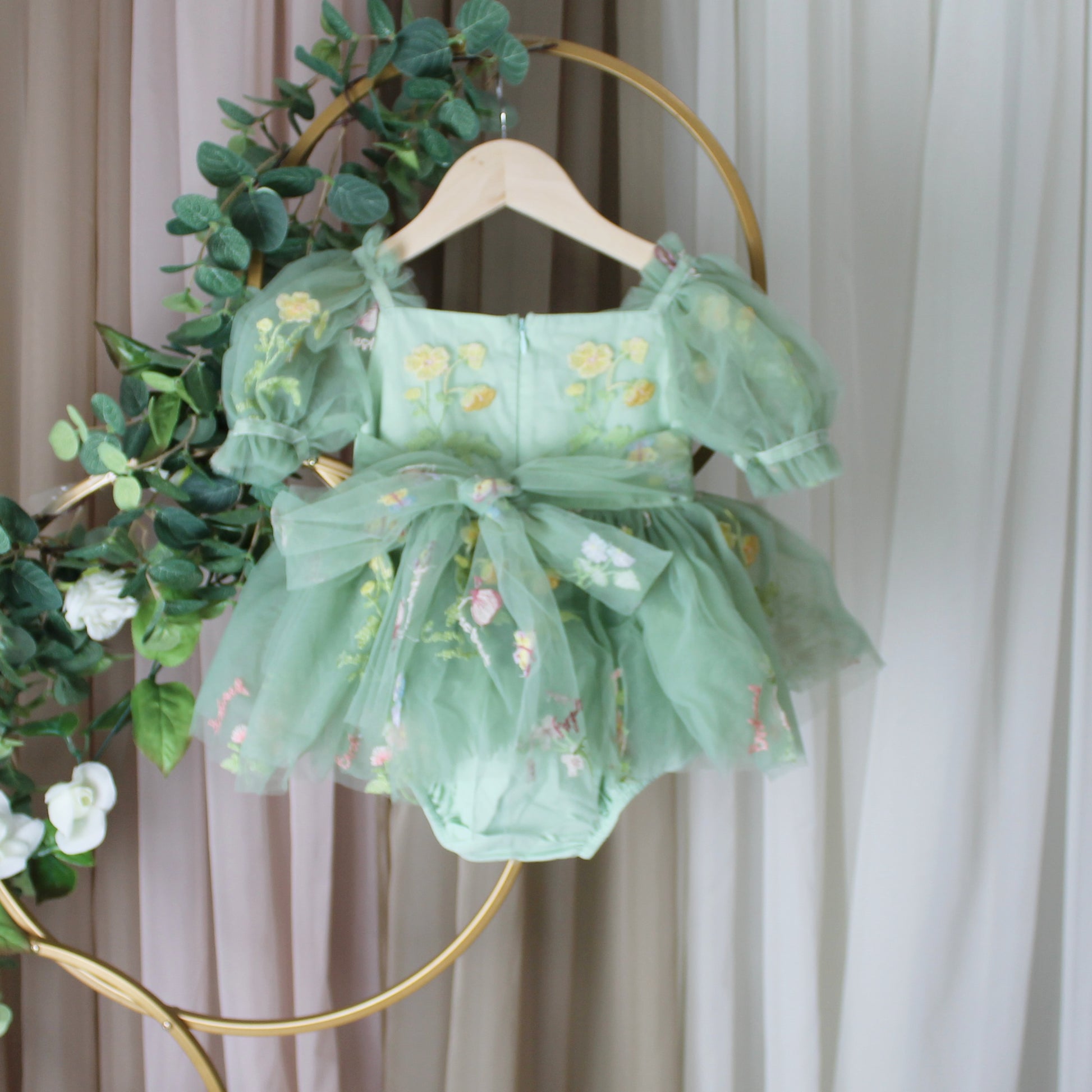 first birthday baby girl sage green floral romper dress. 