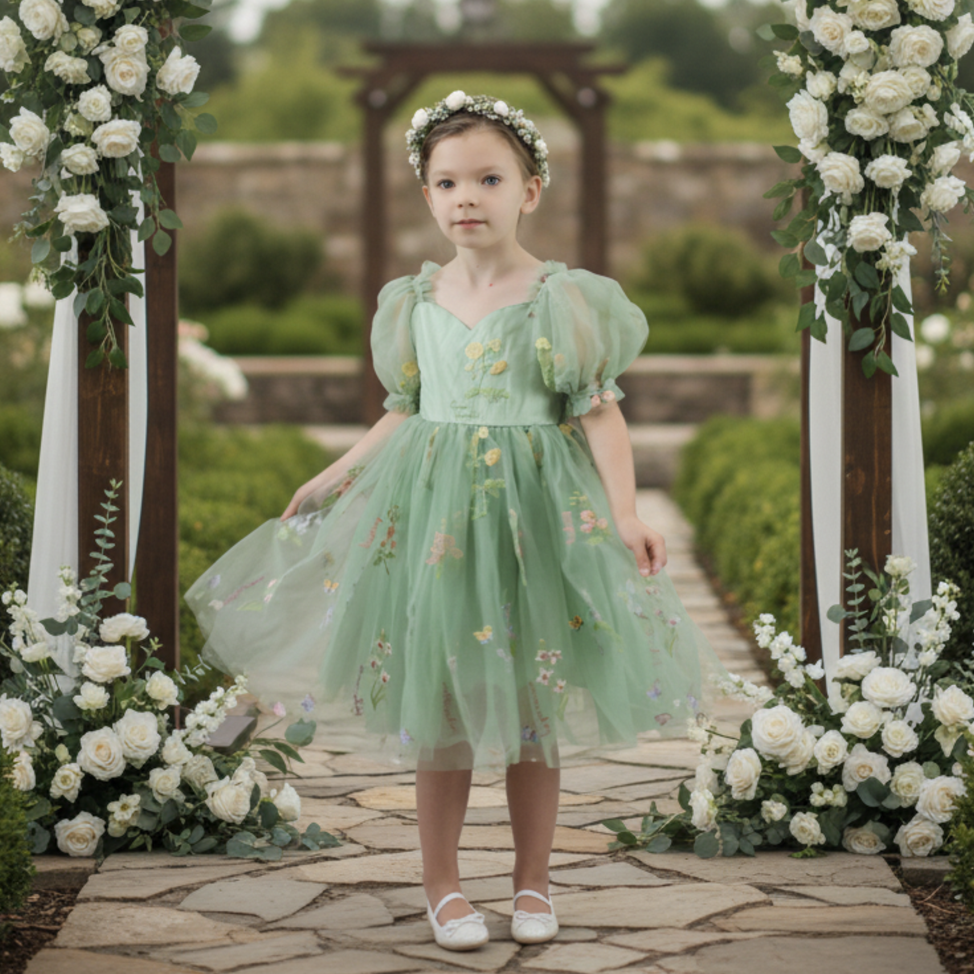 The Wildflower - Girls Floral Dress - Sage Green The Wildflower - Girls Floral Dress - Sage Green