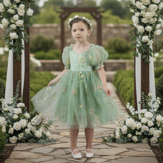 Floral flower girl dress in sage green tulle with embroidery flowers. 