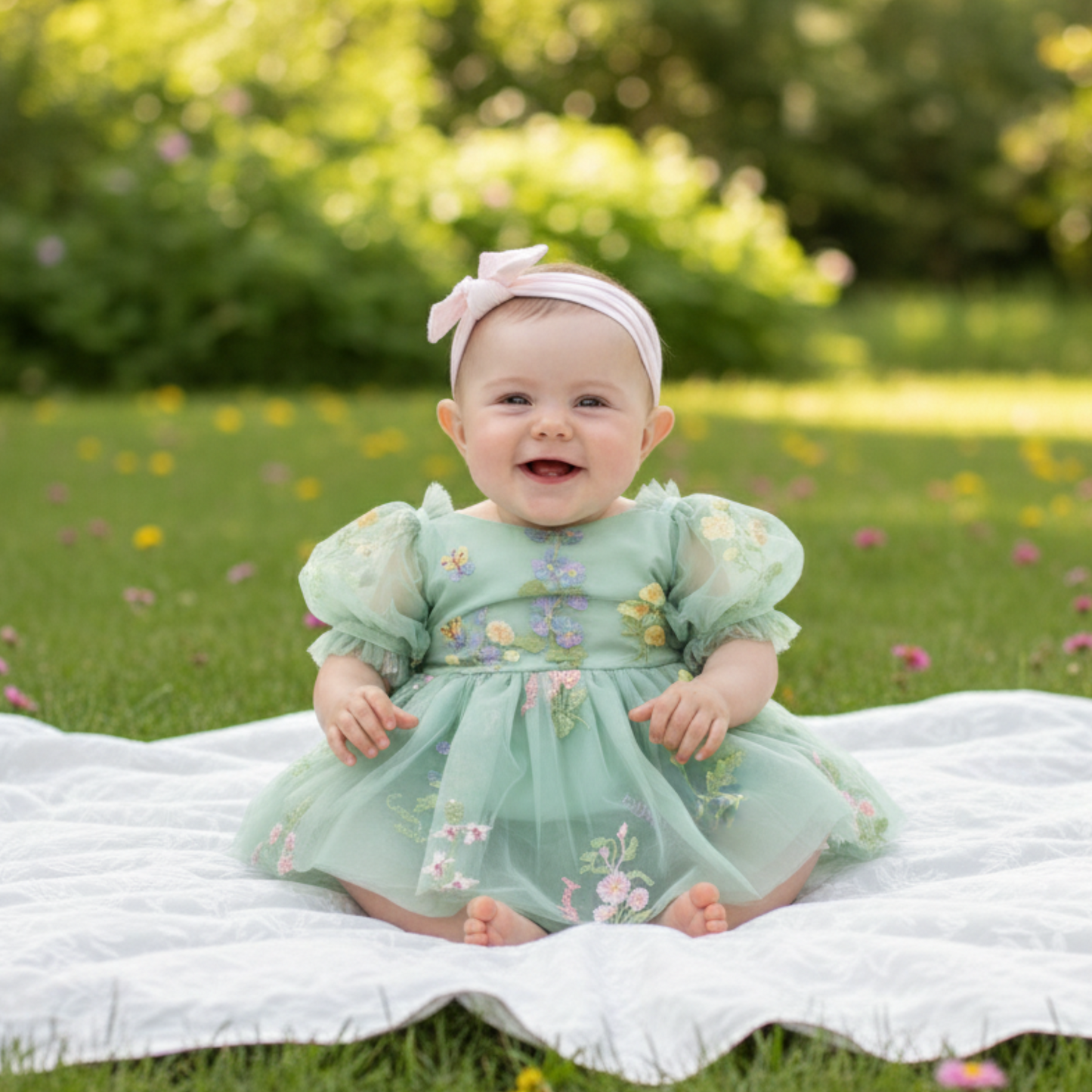 first birthday baby girl sage green floral romper dress. 