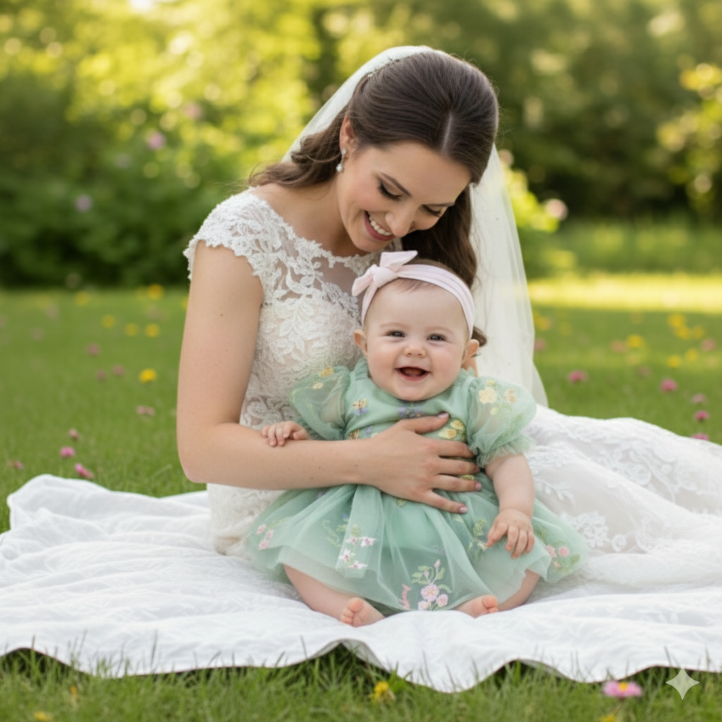 Floral flower girl dress in sage green tulle with embroidery flowers. 