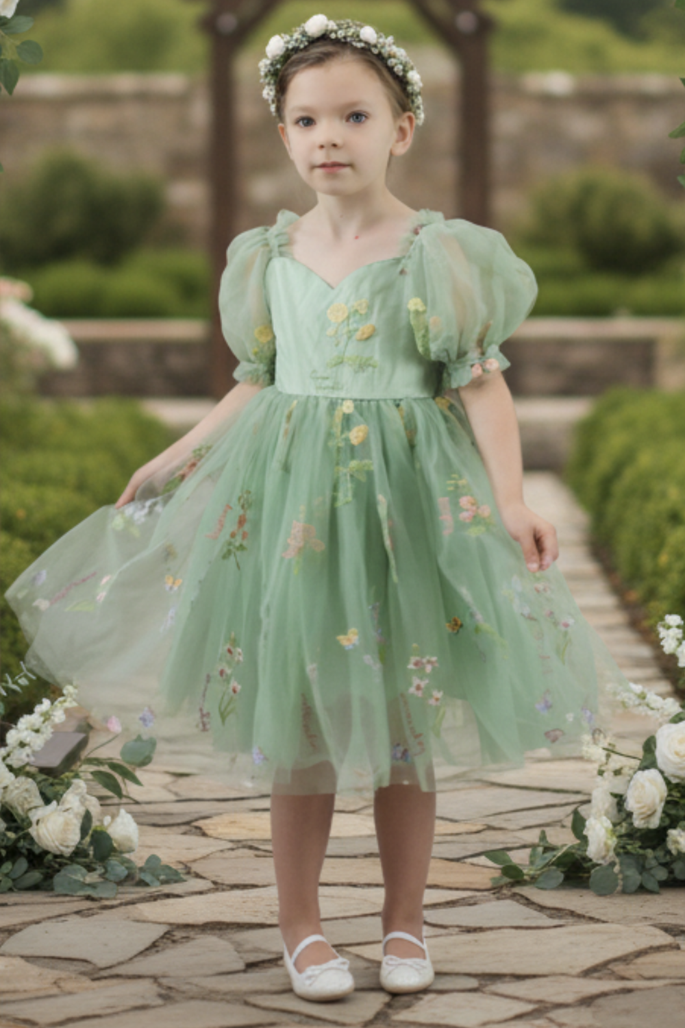 Floral flower girl dress in sage green tulle with embroidery flowers. 