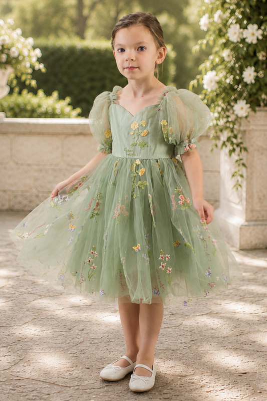 wildflower flower girl dress in sage green embroidered florals knee length dress with big puffy sleeves. 
