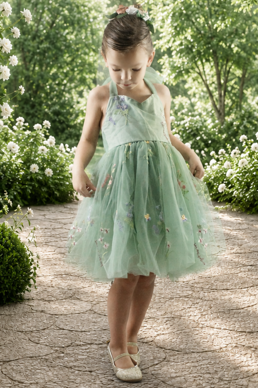 embroidered floral flower girl dress in sage green tulle in a sleeveless knee length style. 