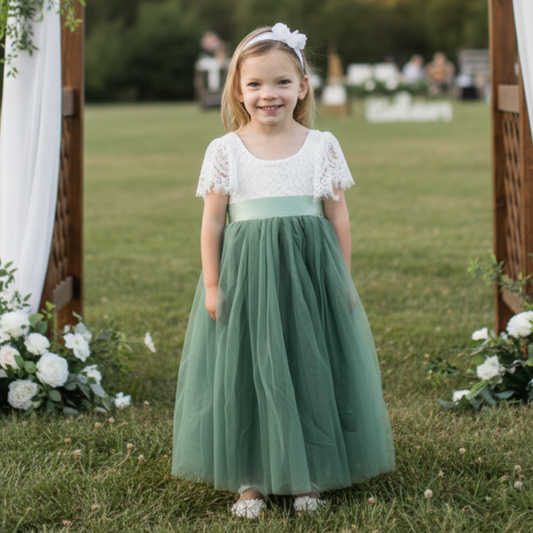 Sage green flower girl dress in short sleeve white lace with full length tulle