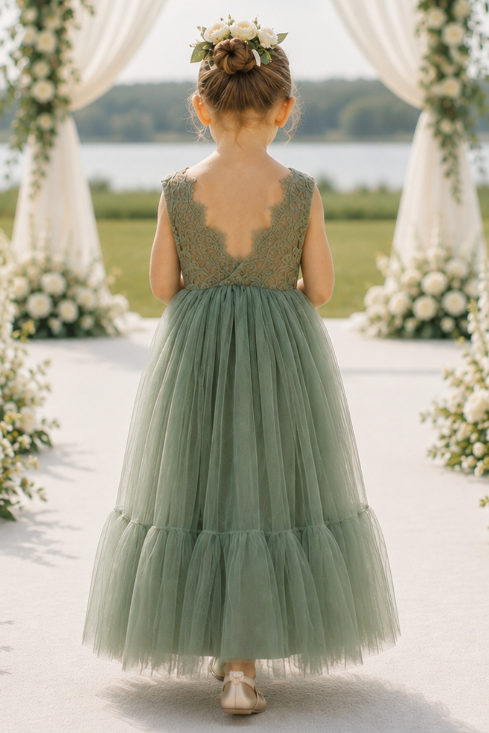 flower girl dress in sage green tulle and lace with a full mermaid style skirt. 