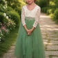 Sage Green Flower girl dress in tulle and lace. Long sleeves and full length dress style. 