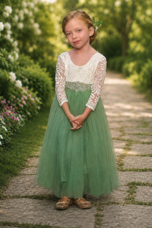 Sage Green Flower girl dress in tulle and lace. Long sleeves and full length dress style. 