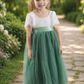sage green flower girl dress in tulle and white lace. Short sleeves and a full tulle skirt style. 