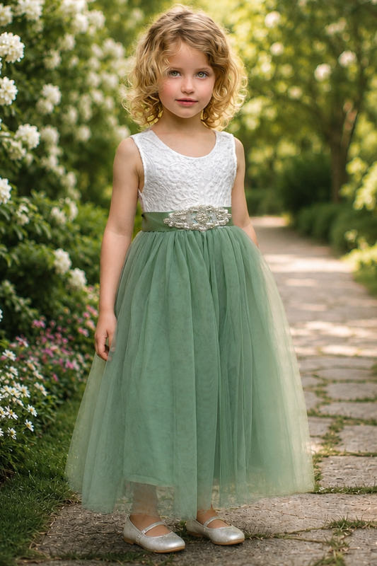 flower girl dress in sage tulle with white lace sleeveless dress full length. 