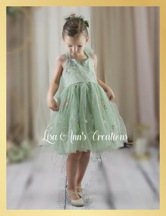 Flower girl dress in sage green tulle with embroidered florals