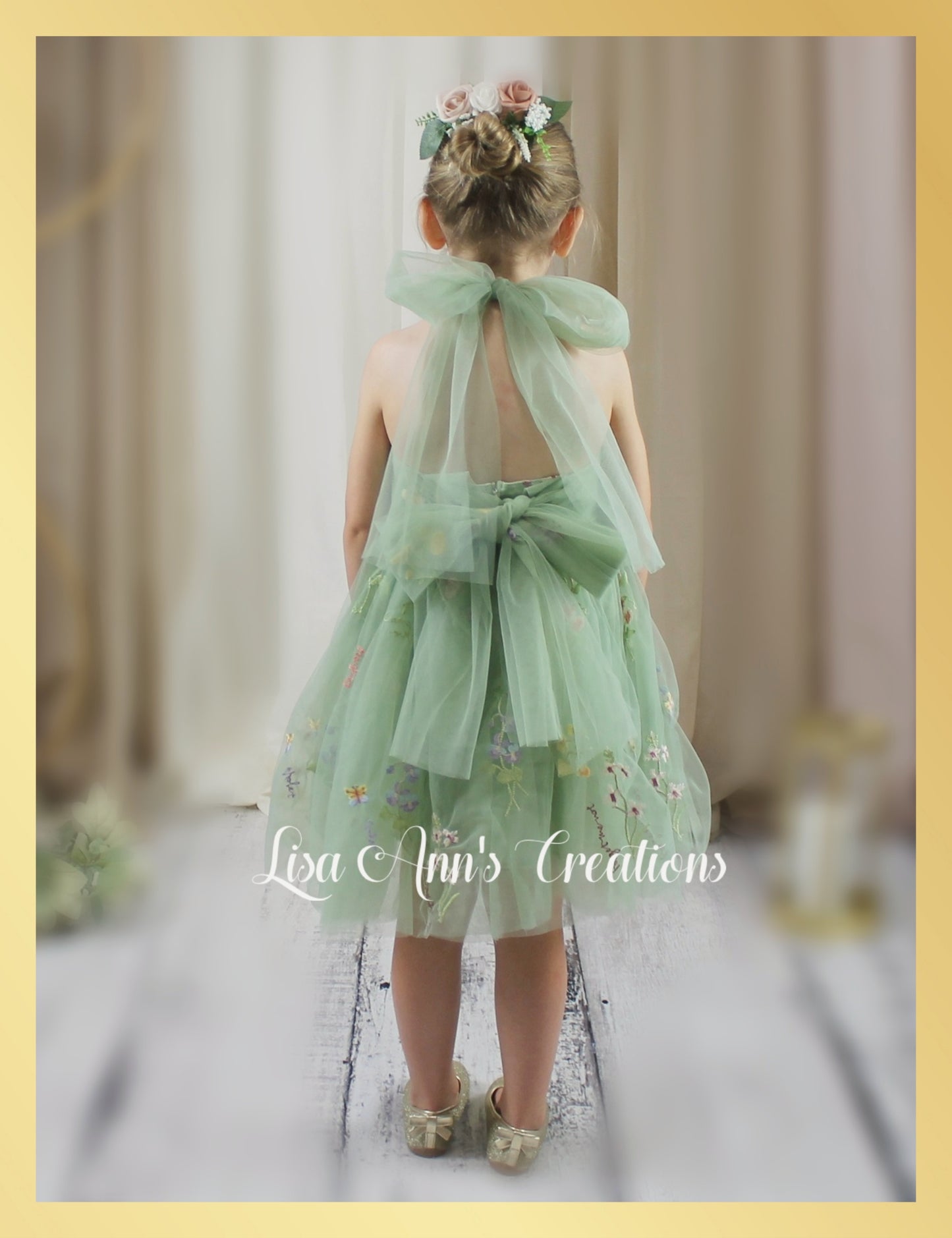 Flower girl dress sage tulle, with big bow 