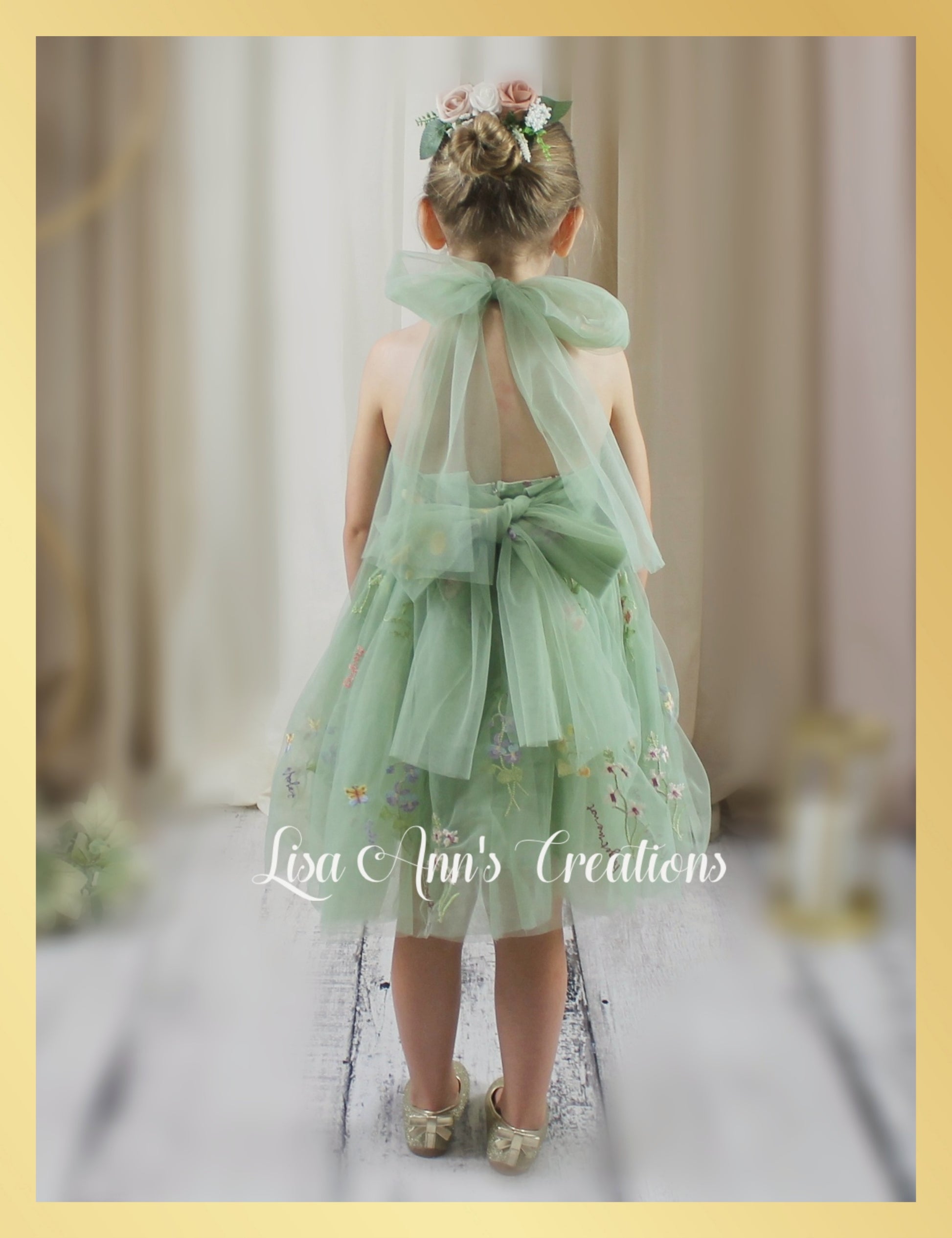 Flower girl dress sage tulle, with big bow 
