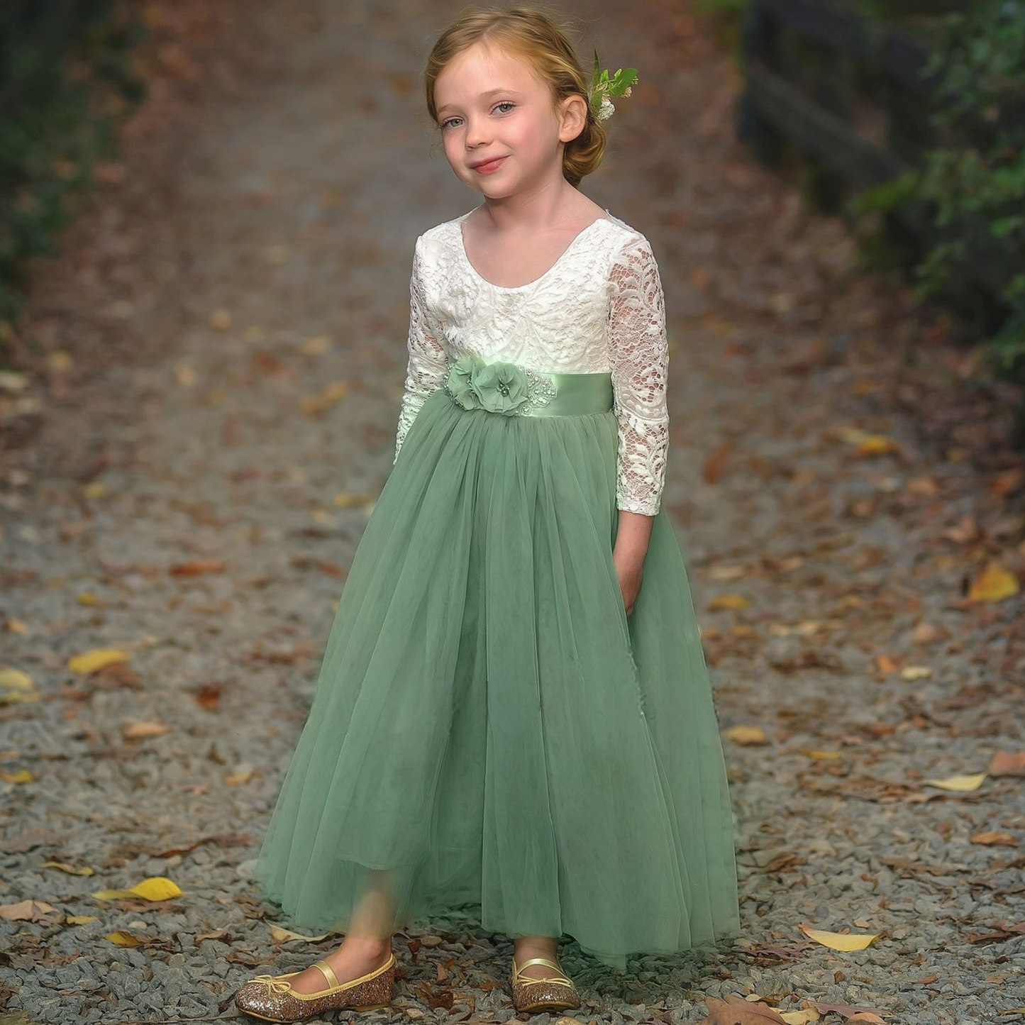 Flower girl dress sage tulle with white lace
