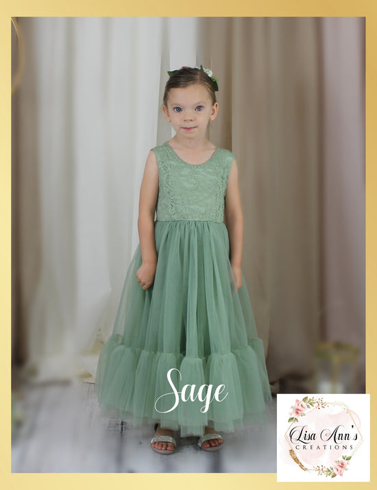 Flower Girl Dress Sage Green Mermaid Style Tulle Sleeveless Lace Lisa