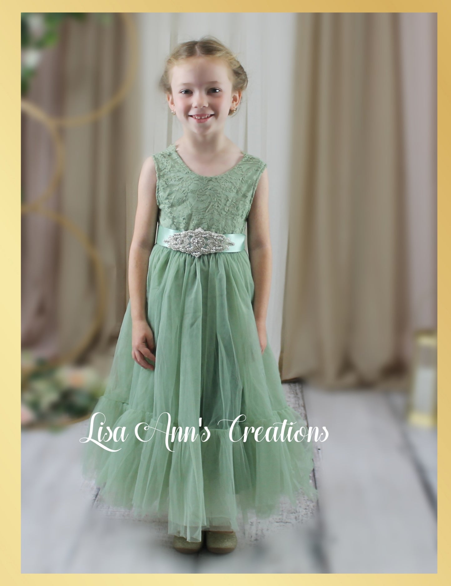 Sage Green flower girl dress in tulle and lace