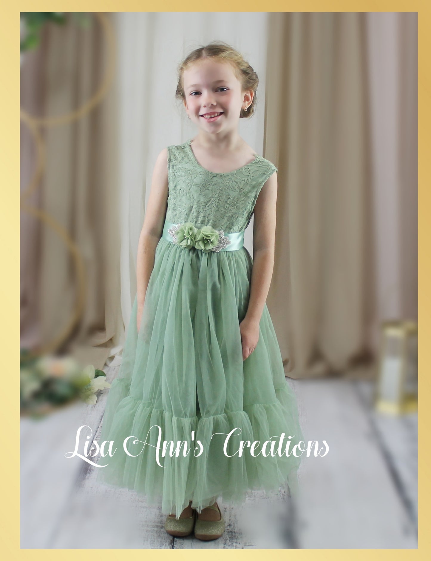 Flower Girl dress in sage green lace and tulle