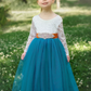 Flower girl dress in teal tulle with white lace top and optional sash