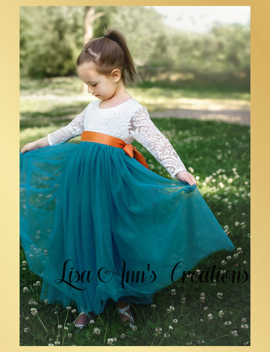 flower girl dress teal tulle and white lace