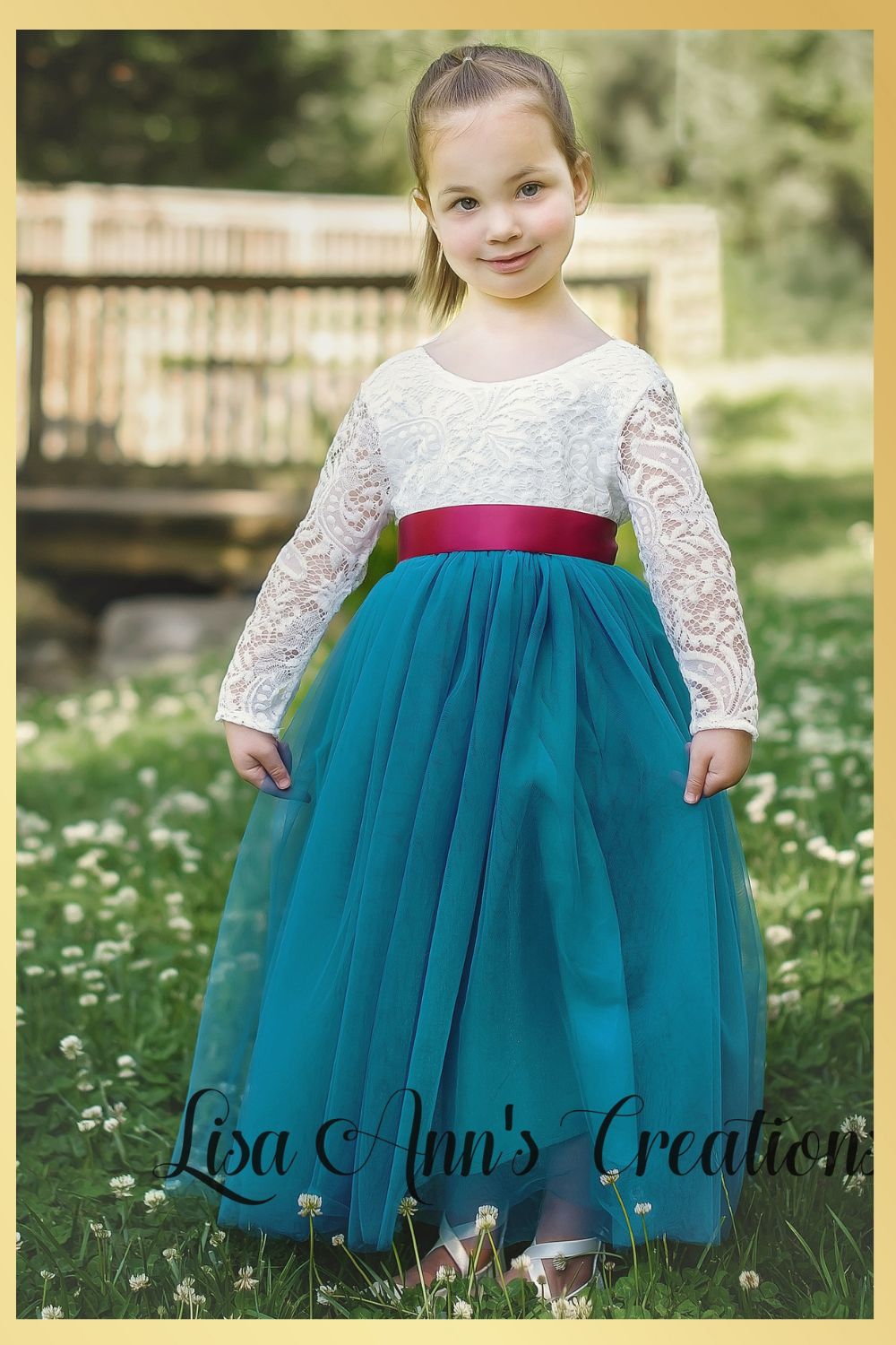 Special Occasion Girls Dress in Teal Tulle and White Lace