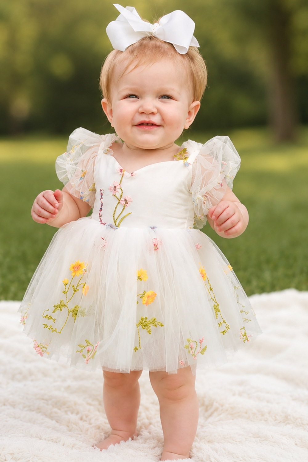 Wildflower first birthday baby girl dress in embroidered flowers. 