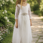 Flower girl dress white tulle and lace long sleeve ankle length dress. 