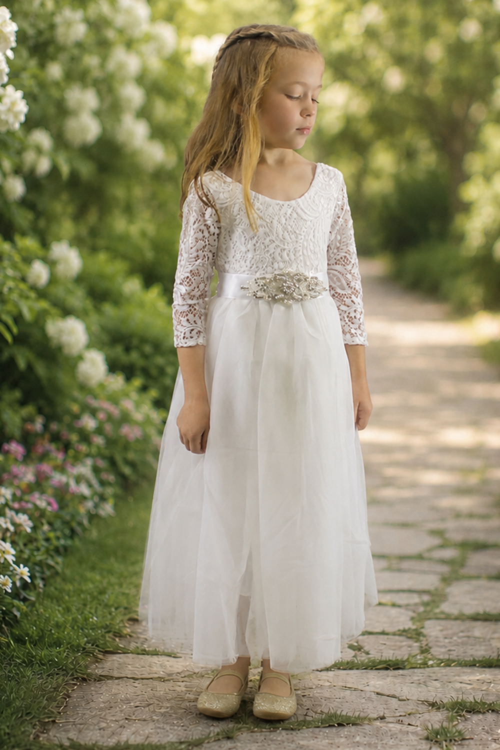 Flower girl dress white tulle and lace long sleeve ankle length dress. 