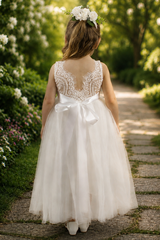 flower girl dress in all white tulle with white lace sleeveless dress full length. 