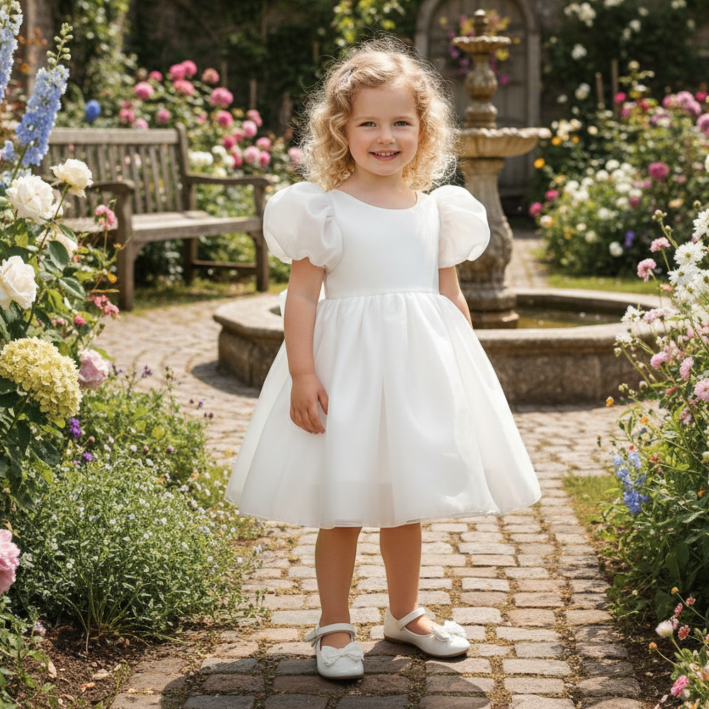 white flower girl dress with big puffy sleeves and big bow