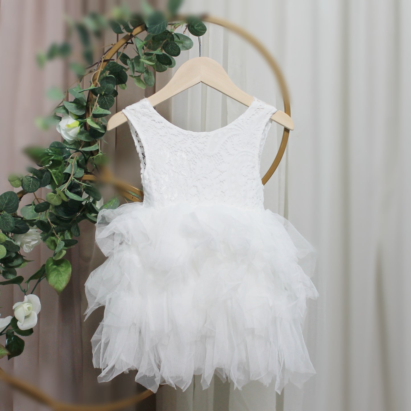 all white flower girl dress in lace and tulle. 