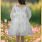 Back of girl flower girl dress in long sleeves. Made with a soft white tulle with a tulip embroidery flower. Made to be knee length and perfect for parties, weddings, and all special occasions. 