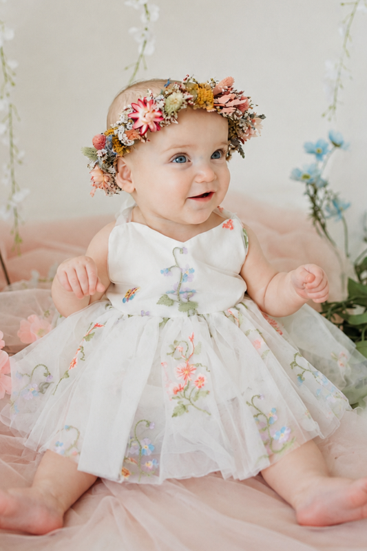 first birthday baby girl princess dress in white tulle embroidered floral  with a romper style.