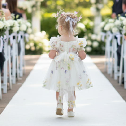 White floral flower girl dress for spring and summer weddings or other special occasions like birthdays and holidays. 