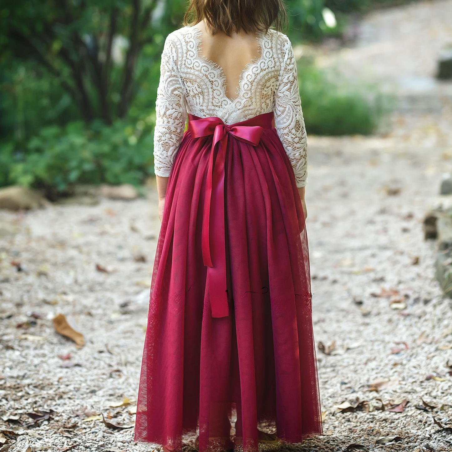 flower girl dress in burgundy tulle and white lace. 