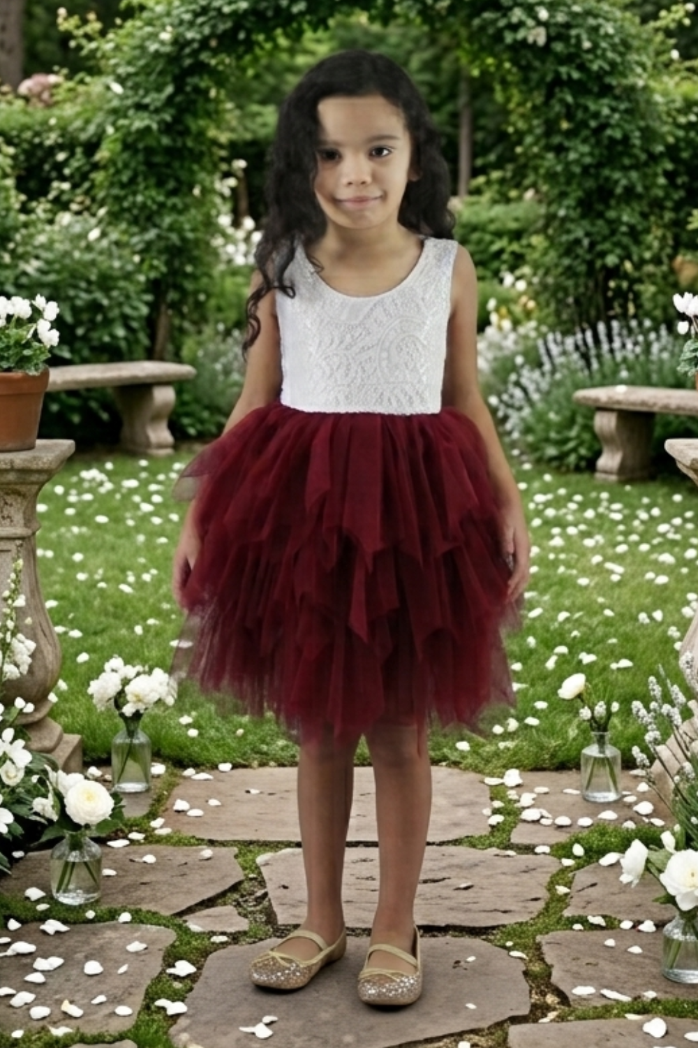burgundy tulle flower girl dress in a tiered tutu style. Made knee length with a sleeveless white lace top. 