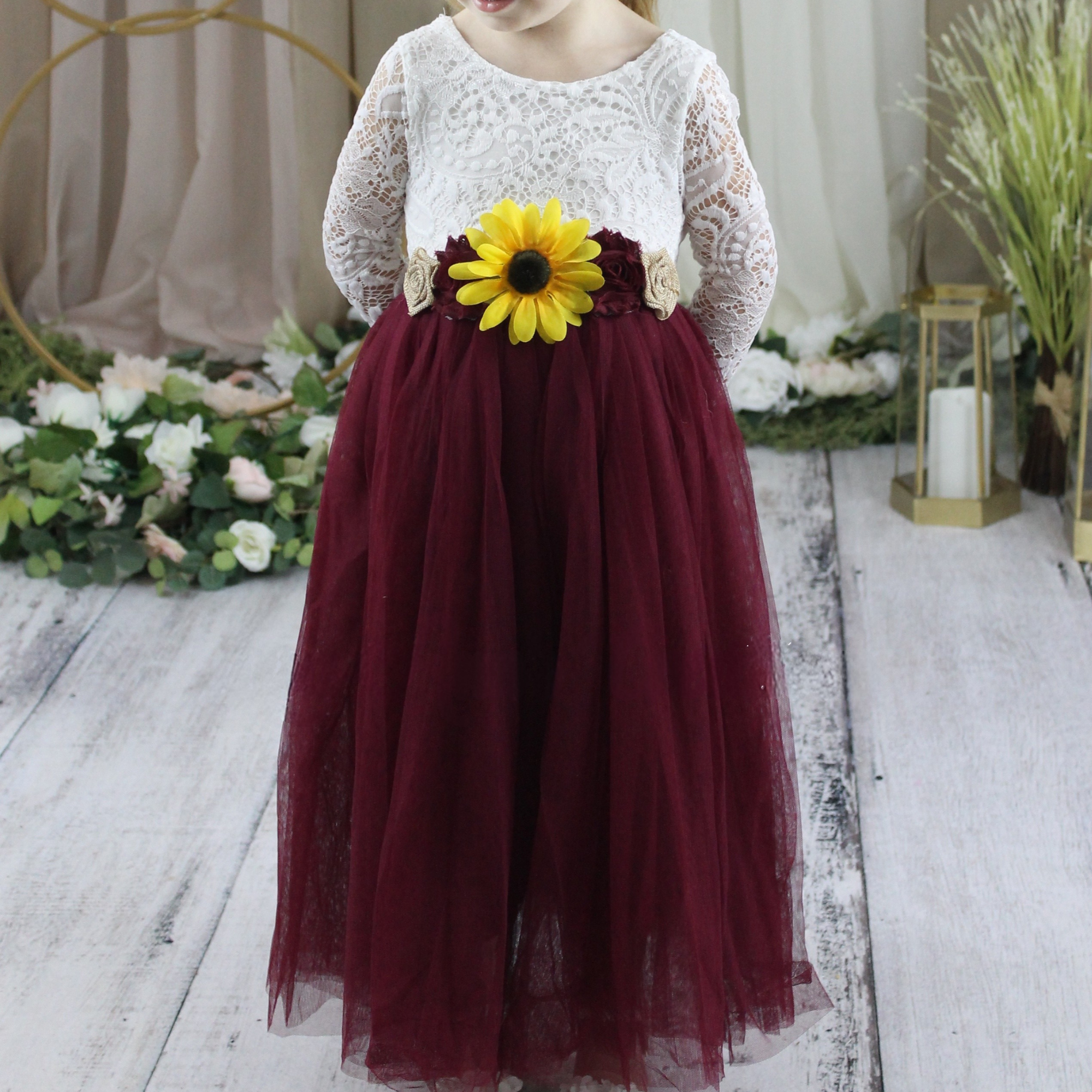 Sunflower Flower Girl Dress Burgundy 15m/2T / Dress/ 1 Sunflower Sash