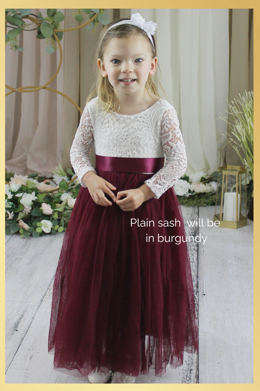 Flower girl dress in burgundy tulle and white lace