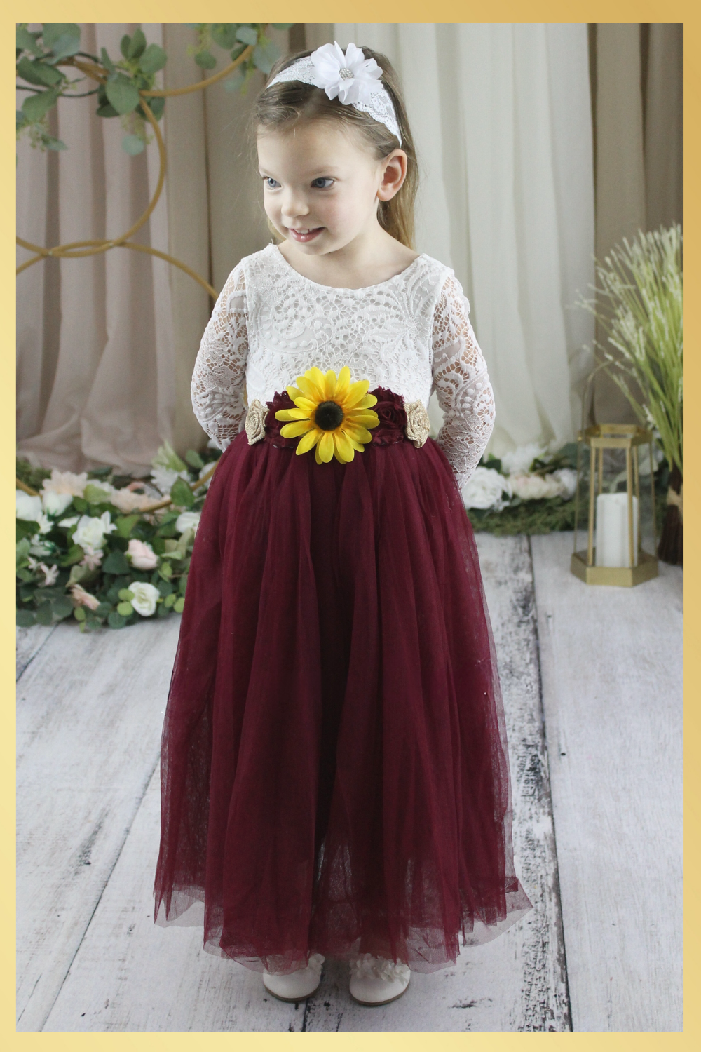 Sunflower Flower Girl Dress Burgundy 15m/2T / Dress/ 1 Sunflower Sash