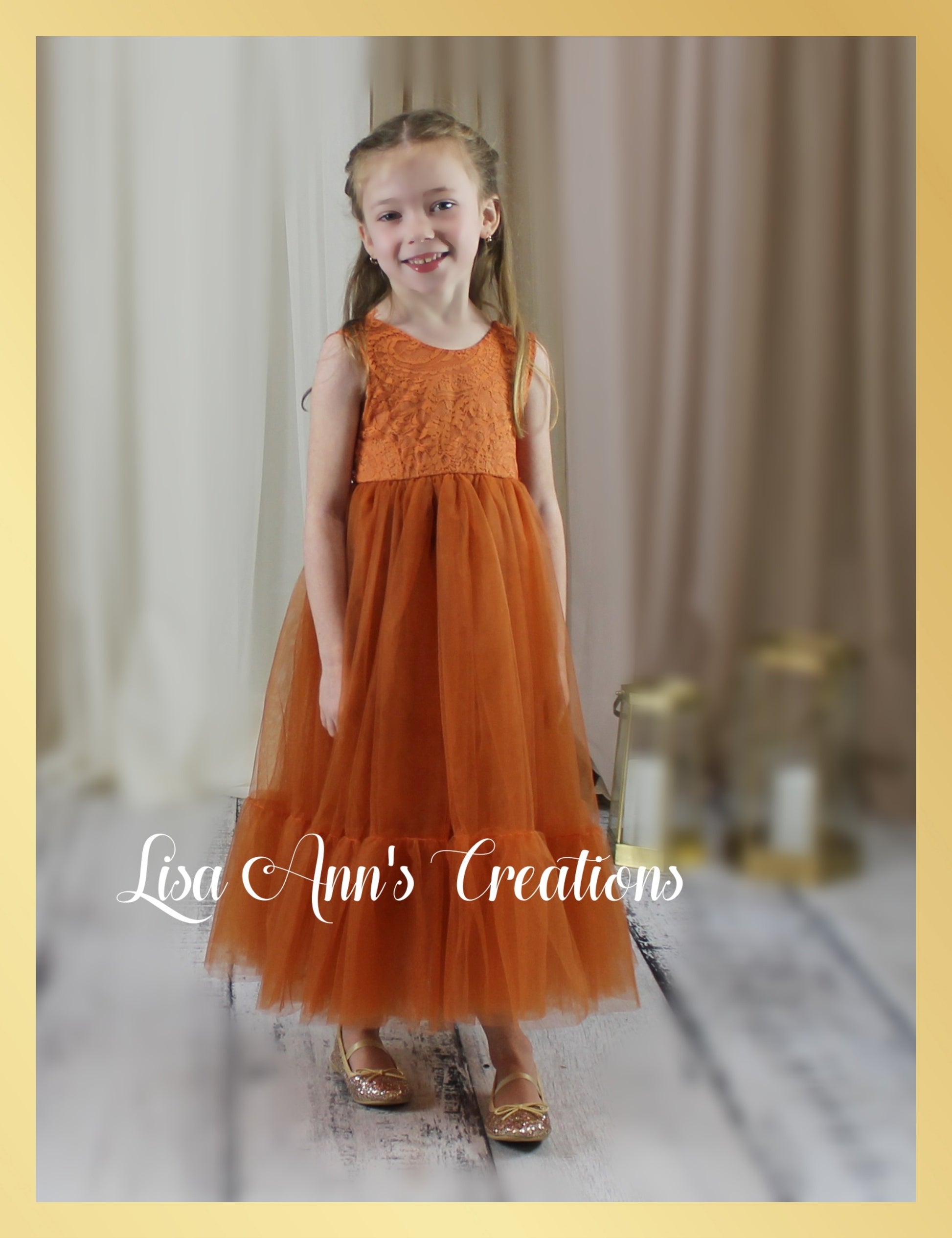 Burnt Orange Flower Girl Dress in tulle and Lace