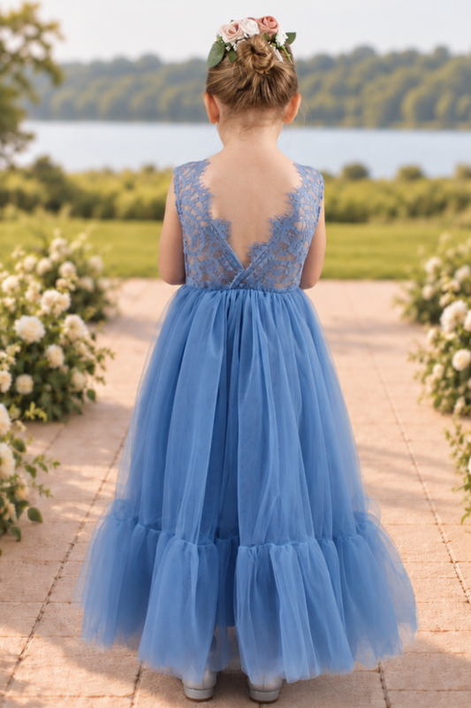 dusty blue flower girl dress in tulle and lace. With a mermaid flair bottom in full length.