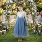 Dusty blue tulle flower girl dress in long tulle with long sleeves in white lace. 