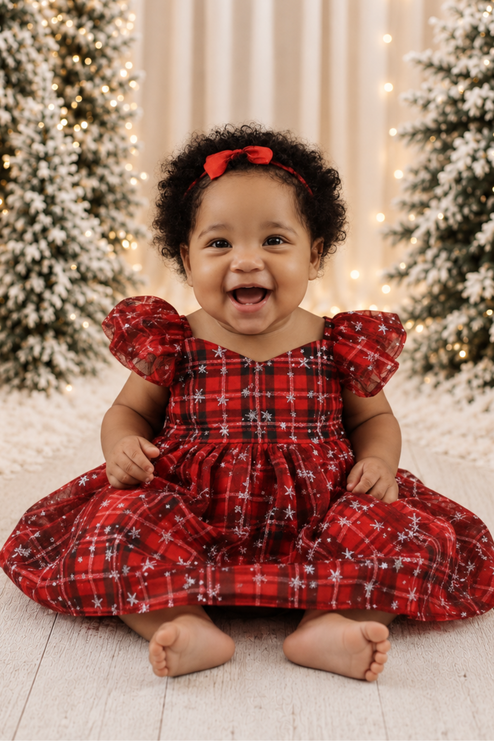 baby girl Christmas dress in red and green plaid in a romper style. 