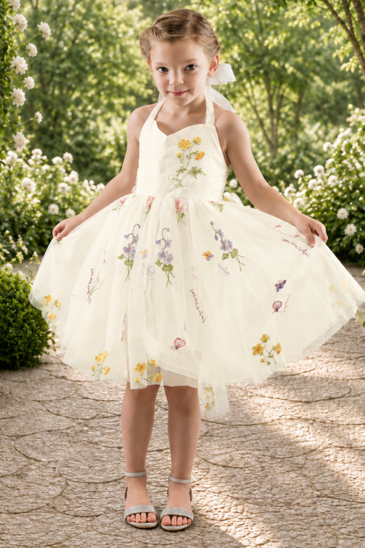 Flower Girl Dress with floral embroidery tulle in ivory. 