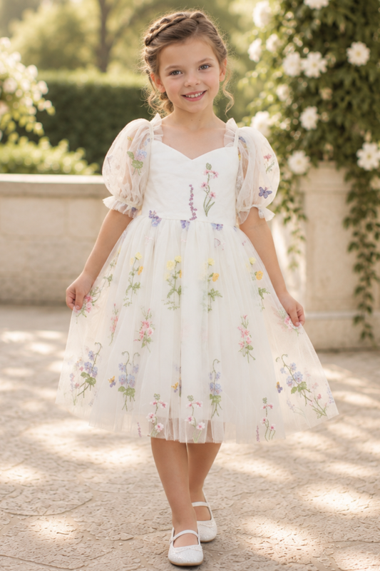 ivory floral embroidered tulle flower girl dress with puffy sleeves and nee length style.  