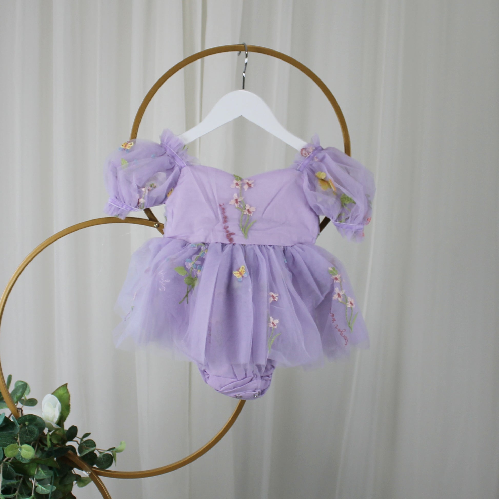 Lavender flower girl dress with floral embroidery wildflowers