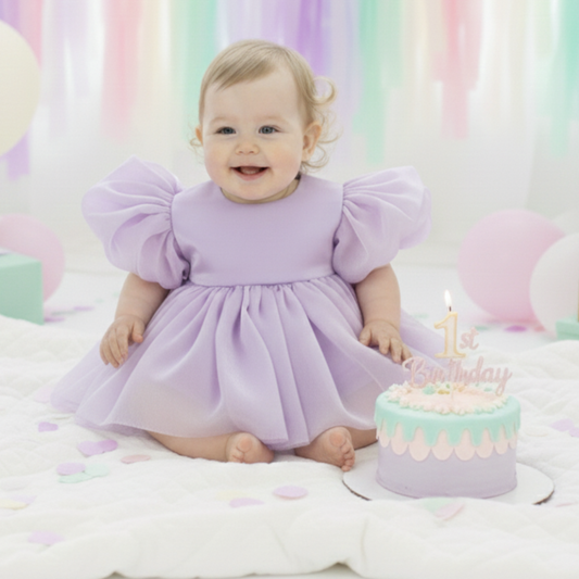 first birthday lavender baby girl dress with built in romper/bodysuit. 