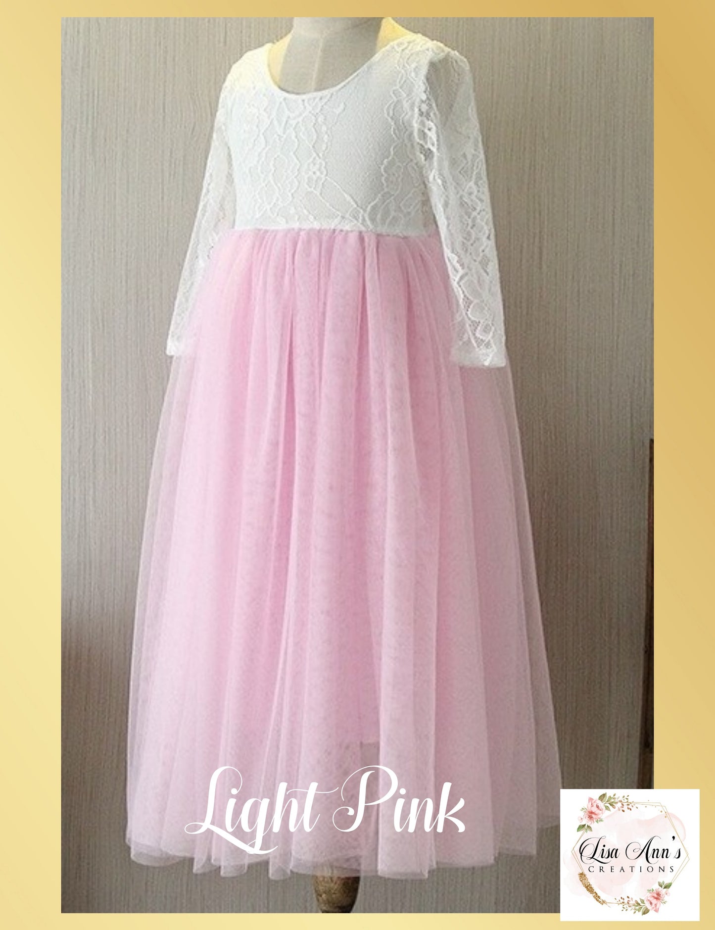 flower girl dress light pink tulle full length and white lace in long sleeves