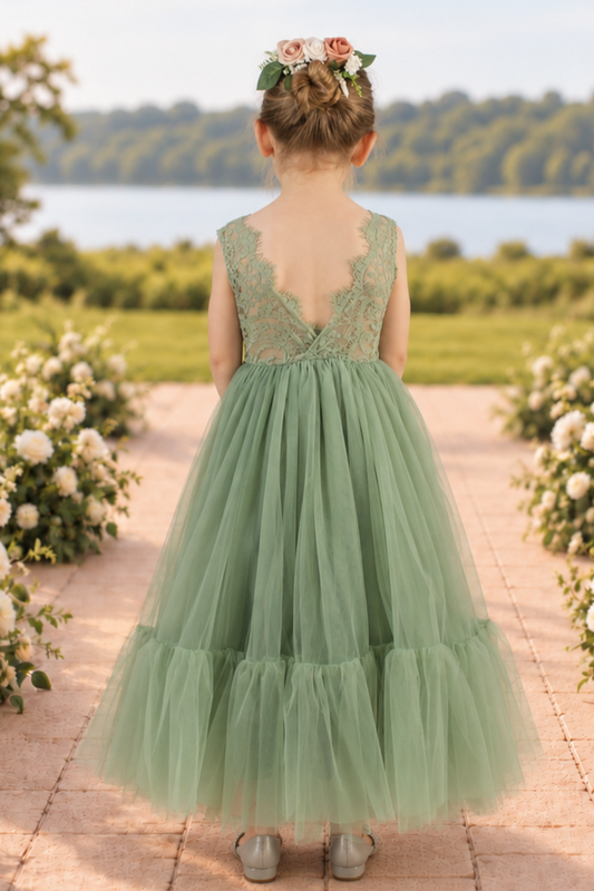 flower girl dress in sage green tulle and lace with a full mermaid style skirt. 