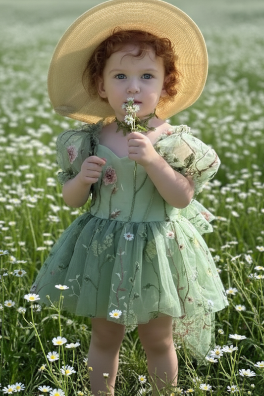 Sage floral flower girl dress for babies and toddlers for an upcoming wedding or birthday party. Puff sleeves and big tulle bow. 